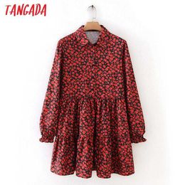 Tangada Fashion Women Rose Print Shirt Dress Long Sleeve Ladies Pleated Loose Mini Dress Vestidos 7Y1 210609