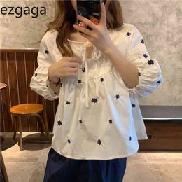Ezgaga Fashion Embroidery Blouse Women Summer New Puff Sleeve Korean Chic Loose Lace Up Sweet Shirts Female Casual 210430