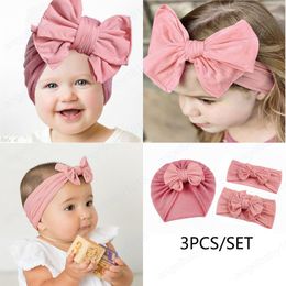 Soft Comfortable Infant Cap and Headband Three Piece Set Solid Color Bows Baby Turban Hat Elastic Nylon Hairband Hair Accessory