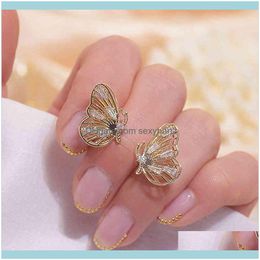 Charm Earrings Jewelry14K Real Gold Luxury Hollow Butterfly Women Earring Bling Crystal Zircon Dazzling Stud Wedding Engagement Jewellery Drop