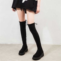 JIANBUDAN Platform wedge women's autumn thigh boots Winter plush over the knee boots Sexy Female stretch high heel boots 34-40 Y0914