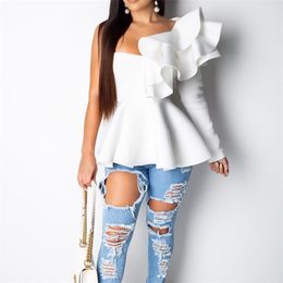 White Blouse For Women One Shoulder Long Sleeve Ruffles A Line High Waist Elegant Work Business Office Wear Tops & ol 210510