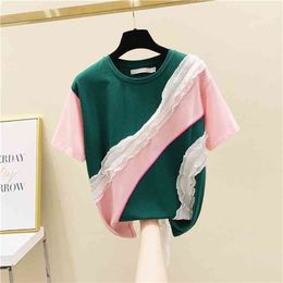 Ruffled T Shirts Women Short-Sleeved Cotton Wild Casual Fashion Ladies Summer Korean-Style Clothing 210615