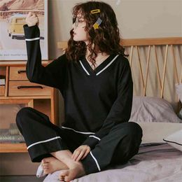 BZEL V-Neck Sleepwear For Women Black Pyjamas Sets Cute Bow Nighty Long Sleeves Long Pans Pijamas Pyjamas Cotton Casual Homewear 210330