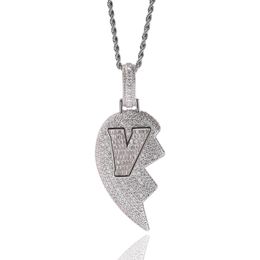 Iced Out Broken Heart Pendant Necklace Mens Womens Fashion Hip Hop V Letter Gold Necklaces Jewellery