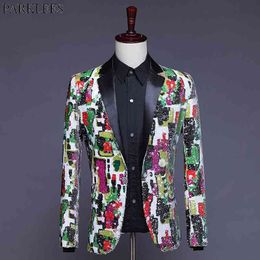 Mens Stylish Geometric Colorful Sequin Tuxedo Blazer Wedding Party Prom Glitter Suit Jacket Male DJ Club Singer Stage Costumes 210522