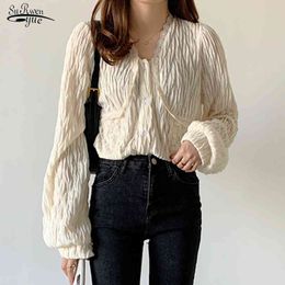 Solid Colour Blouse Women V-neck Sweet Lace Stitching Chic Pleated Tops Elegant Button Up Long Sleeve Ladies Shirt Blusas 12641 210521