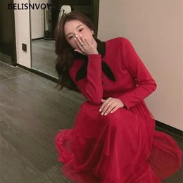 Women Autumn Winter Chic Elegant Long Sleeve Dresses Female Patchwork Mesh French Retro A-Line Red Dress Ladies Slim Vestidos 210520