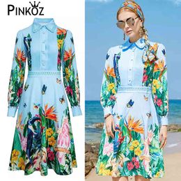holiday long sleeve turn down collar tropical pleated knee length A-line dresses for women lady beach casual clothes 2XL 210421