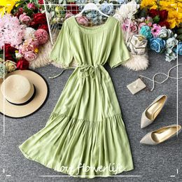 Solid Colour O-neck Summer Dress Short Sleeve Elastic Waist A-line Ruffles Women Dress Casual Knee-length Vestido femme 210521