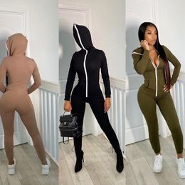 Zipper Hooded Fitness Casual Party Dresses Sporty Rompers Womens Jumpsuit Long Sleeve Autumn Fashion Workout Solid One Piece Outfits 011911