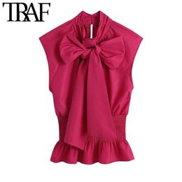 TRAF Women Fashion Smocked Elastic Hem With Ruffled Blouses Vintage Bow Tie Collar Sleeveless Female Shirts Chic Tops 210415