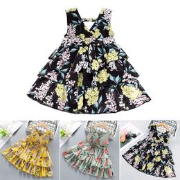 New Summer Flower Bohemia Girl Dress Fancy Layered Dresses Baby Girls Print Sleeveless Clothing for Children Infant Vestido 1-6 Q0716