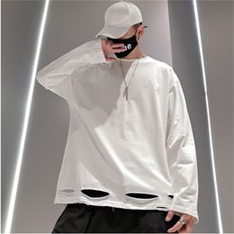 Long-sleeved t-shirt trend loose youth fall hole bottoming casual tide brand ins round neck men 210420