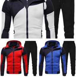 Men's Personalized Color Combination Double Zip Hoodie Cardigan Slim Hoodie Pantsuit X0610