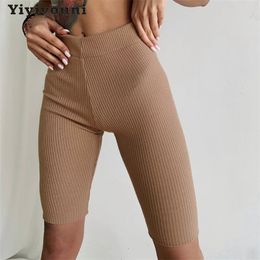 Yiyiyouni Elastic High Waist Knitted Skinny Shorts Women Summer Casual Solid Slim White Pink Cotton Bottoms Female 210719