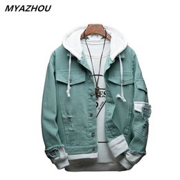 Autumn hooded denim jacket men's fake two pieces solid Colour loose coat fashion designer men's casual denim jacket S-3XL 210927