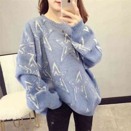 Autumn And Winter Women Sweater Loose Knitting Clothes Lazy Wind Round Neck Five-pointed Star Jacquard Pullover 210427