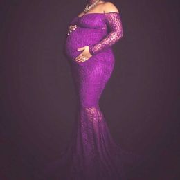 Lace Maxi Gown Maternity Dress for s Photo Shoot Women Long Sleeve Off Shoulder Mermaid Pregnancy Dress Baby Shower Photography Q0713