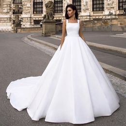 Satin African Wedding Dress 2022 Buttons Pockets Lace Bridal Dresses Princess Wedding Party Gown Plus Size Robe De Mariee