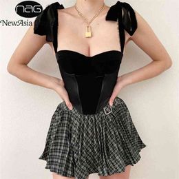 NewAsia Velour Tank Top Padded Underwire Boning Lining Tie up Single Breasted Summer Bustier Women Casual Sexy Party Corset Top 210401
