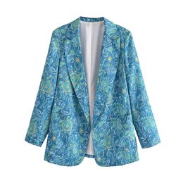 Women's Suits & Blazers Ladies Floral Print Casual Blue Blazer Long-sleeved Jacket Office Loose Fashion Commuter