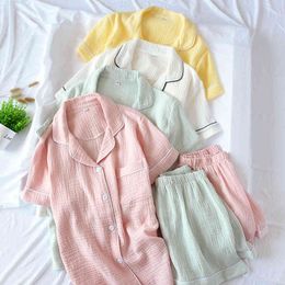 Japanese-style new summer ladies double-layer crepe gauze short-sleeved shorts pajamas suit large size home service women