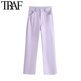 Women Chic Fashion Faux Leather Wide Leg Pants Vintage High Waist Zipper Fly Pockets Female Trousers Mujer 210507