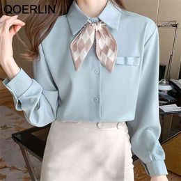 QOELRIN French Retro Plaid Bowtie Shirt Women Plus Size Fashion Elegant Lapel Long Sleeve Blouse Lantern Tops S-2XL 210601