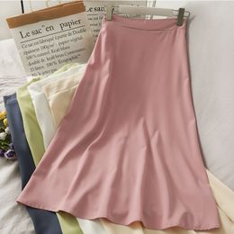 Fashion Korean solid Colour casual chiffon skirts female summer high waist knee-length A-Line midi long Office Lady 210420