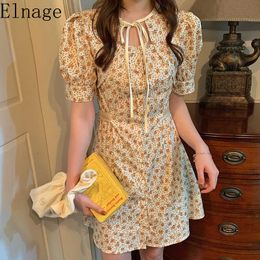 French Retro A-line Mini Dress Lace Up Bubble Sleeve Yellow Floral Dress Female Fashion Summer Clothes Women Dress 210610
