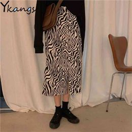 Zebra Stripe Women Slit Midi Skirt Harajuku High Waist Straight Animal Print Female Bottom Party Night Club Ladies 210421