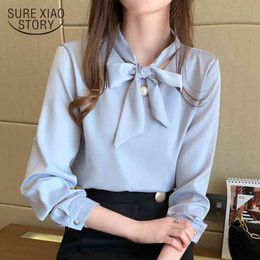 Office Lady Solid Beading Blouse Autumn Bow Satin Long-Sleeve Shirt Women Plus Size Pullover Ladies Tops 10496 210415