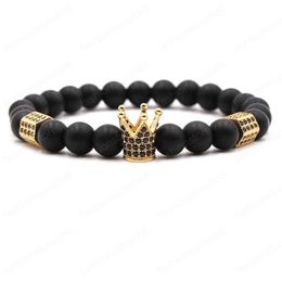 Black Natural Stone Beaded Bracelet Men Women Charm Crown Bangle Fashion Bracelets for Couple Jewellery