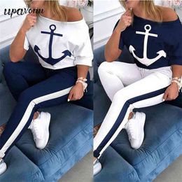Free Summer Leisure Sports Suit Women's Round Neck Short Sleeve Anchor Print T-shirt & Two-piece Elastic Pants 210524