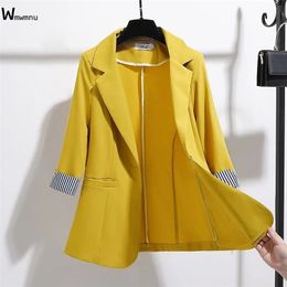 Plus Size Spring Summer Thin Suit Jacket Korean Basic Office Lady Elegant Slim Blazers Casual Striped Three Quarter Sleeve Coat 211122