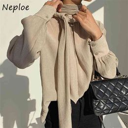 Chic Elegant O-neck Pleated Design Shirt Loose Solid Colour All-match Women Blouse Autumn Korean Femme Blusas With Scarf 210422