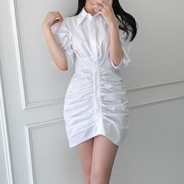 Women Blue Office Lady Shirring Single-breasted Dress Lapel Three Quarter Sleeve Fashion Spring Summer 2F0623 210510