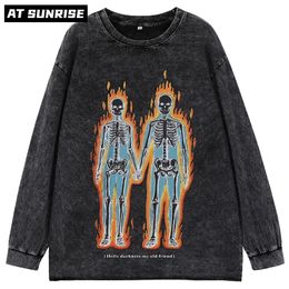 Oversize Washed T-Shirt Streetwear Harajuku Vintage Retro flame skulls Graphic Printed T Shirt Men Spring Long Sleeve Tshirt 220226