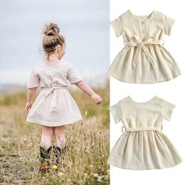 2020-11-30 lioraitiin 0-4Years Toddler Baby Girls Casual Short-sleeved Dress with Belt Solid Button High Waist A-line Dress Q0716