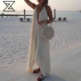 Women Dress Beach Maxi es Loose Long Spaghetti Strap White es Deep V Neck Sleeveless Backless Sexy 210513
