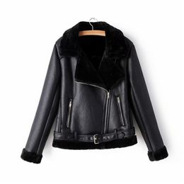 elegant women faux lamb wool fur leather jacket winter fashion lady sashes black outerwear streetwear female zipper suits 210430