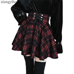 Gothic Lolita Women Ladies Winter Black Red Plaid Pleated Ball Gown New Arrivals High Waist Lace Up Wool Skirt Bottom Q190517