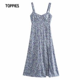 Toppies Summer Maxi Dress Woman Floral Printing Camis Dress Front Split Beach Sundress Woman Vacation Clothes 210412