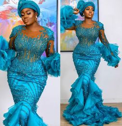 Plus Size Arabic Aso Ebi Blue Luxurious Mermaid Prom Dresses Lace Beaded Stylish Evening Formal Party Second Reception Birthday Engagement Gowns Dress ZJ222