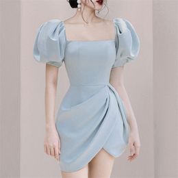 Summer Fashion Women Solid Clothes Puff Sleeve Sqaure Collar Vintage Elegant Asymmetry Party Dress 210520