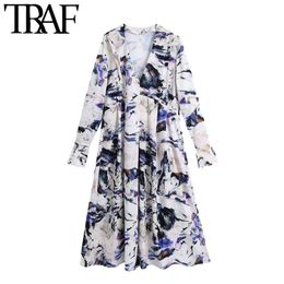 TRAF Women Chic Fashion Graffiti Print Pleated Midi Dress Vintage Long Sleeve Split Hem Female Dresses Vestidos Mujer 210415