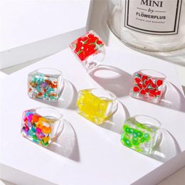Transparent Resin Acrylic Thick Rings for Women Big Geometric Square Colorful Fruit Stones Rings Girls Jewelry Party Gifts