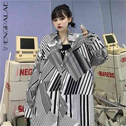 Irregular Stripe Contrast Colour Blouse Women's Spring Lapel Large Size Single Breasted Long Sleeve Shirt 210427