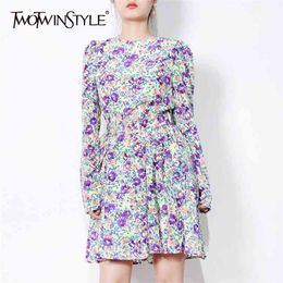 Elegant Loose Hit Color Dress For Women O Neck Long Sleeve High Waist Korean Dresses Female Fashion Clothing 210520